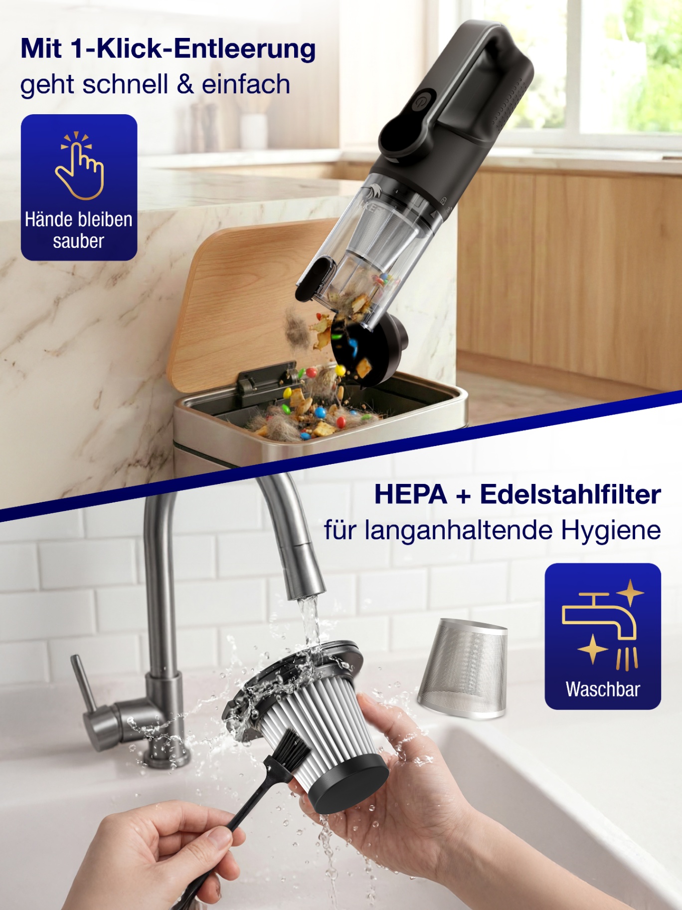 1-Klick-Entleerung und auswaschbarer HEPA-Filter des MasterGrip
