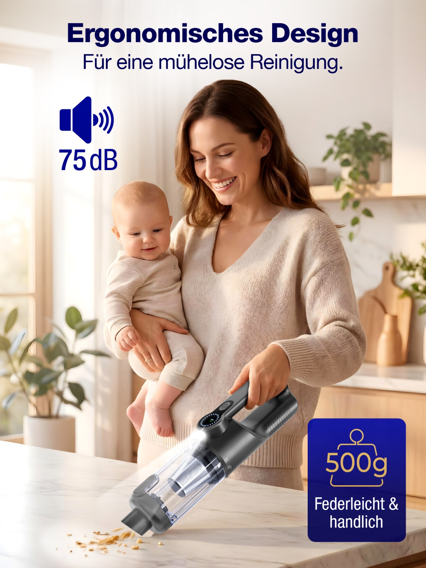 Mutter mit Baby nutzt den leisen MasterGrip in der Küche
